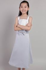 White and Gray A-line Straps Floor Length Bowknot Flower Girl Dress