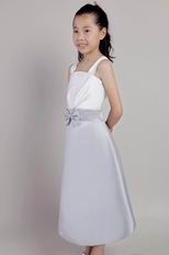 White and Gray A-line Straps Floor Length Bowknot Flower Girl Dress