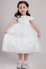 White A-line Scoop Tea-length Flower Girl Dress With Appliques