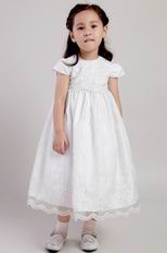 White A-line Scoop Tea-length Flower Girl Dress With Appliques