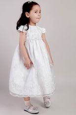 White A-line Scoop Tea-length Flower Girl Dress With Appliques