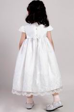 White A-line Scoop Tea-length Flower Girl Dress With Appliques