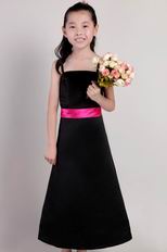 Spaghetti Straps Black Stain Flower Girl Dress With Fuchsia Sash