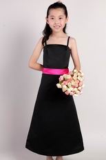 Spaghetti Straps Black Stain Flower Girl Dress With Fuchsia Sash