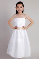 Spaghetti Straps White Tulle Sequined Little Girl Dress With Belt