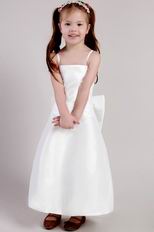 Spaghetti Straps Ankle-length White Satin Little Girl Dress With Bowknot