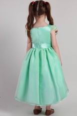 Apple Green A-line Square Tea-length Organza Belt Little Girl Dress