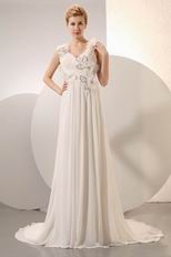 Modest V-Neck Flowers Sequin Ruched Wedding Party Dress