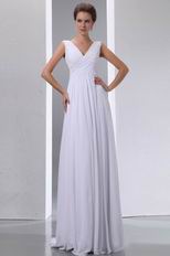 Formal V-neck Floor Length White Chiffon Prom Party Dress