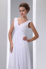 Formal V-neck Floor Length White Chiffon Prom Party Dress