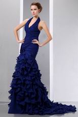 Hot Sell Halter Ruffles Skirt Sapphire Blue Prom Celebrity Dress