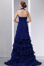 Hot Sell Halter Ruffles Skirt Sapphire Blue Prom Celebrity Dress