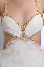 Backless Front Split Ruffled Skirt Prom Dress With Golden Crystal