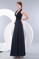 Halter V-Neck Long Navy Blue Chiffon Designer Prom Dress