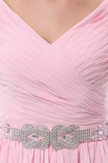 V-neck A-line Baby Pink Floor Length Chiffon Skirt Prom Dress