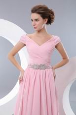 V-neck A-line Baby Pink Floor Length Chiffon Skirt Prom Dress