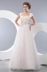 Wide Straps Floor Length Net Fabric Prom Dresses With Crystals