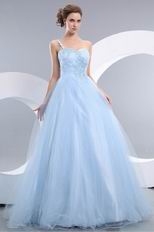 One Shoulder Baby Blue Puffy Skirt Prom Ball Gown Custom Fit