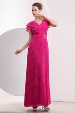 V Neck Magenta Rose Chiffon Layers Skirt Prom Dress Custom Fit