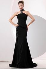 Fashionable Halter Black Chiffon Prom Dress With High Split