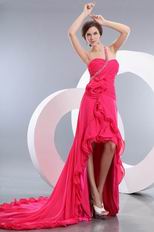 One Shoulder High Low Skirt Chapel Train Deep Pink Prom Dress