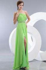 One Shoulder Spring Green Split Chiffon Skirt Prom Dress