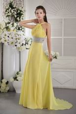 Halter Yellellow Chiffon Custom Fit Prom Dress With Crystal Belt