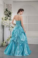 Halter Beaded Picks-up Aqua Blue Prom Ball Gown With Applique