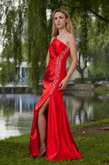 One Shoulder Slit Skirt Scarlet Prom Dresses With Beading