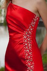 One Shoulder Slit Skirt Scarlet Prom Dresses With Beading