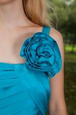 Azure Blue One Shoulder Prom Party Dress With Flowers