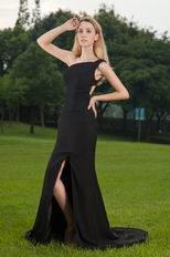 Column One Shoulder Black Prom Dress With High Split