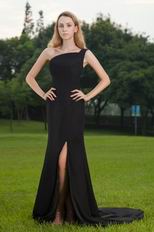 Column One Shoulder Black Prom Dress With High Split