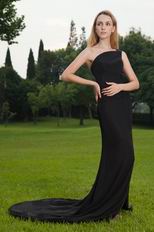 Column One Shoulder Black Prom Dress With High Split