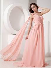 One Shoulder Watermelon Pink Watteau Train Prom Dress 2014