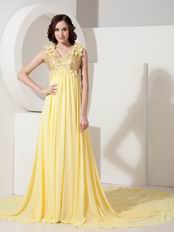 V-neck Sequin Light Yellow Prom Dress With Handcrafted Flowers