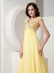 V-neck Sequin Light Yellow Prom Dress With Handcrafted Flowers