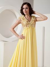 V-neck Sequin Light Yellow Prom Dress With Handcrafted Flowers