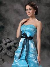 Floor Length Aqua Blue Prom Ball Gown With Black Belt