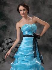 Floor Length Aqua Blue Prom Ball Gown With Black Belt