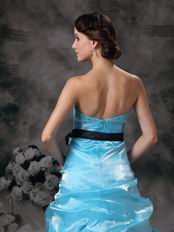 Floor Length Aqua Blue Prom Ball Gown With Black Belt