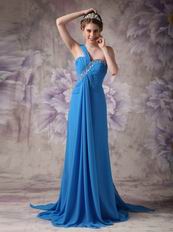 Beautiful One Shoulder Dodger Blue Prom Dress With Front Drap