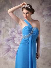 Beautiful One Shoulder Dodger Blue Prom Dress With Front Drap