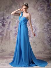 Beautiful One Shoulder Dodger Blue Prom Dress With Front Drap