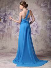 Beautiful One Shoulder Dodger Blue Prom Dress With Front Drap