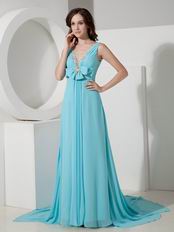 Crazy Panel Train Aqua Chiffon Open Back Prom Dress Cheap