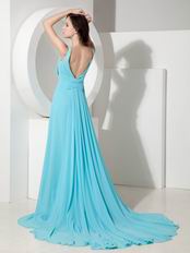 Crazy Panel Train Aqua Chiffon Open Back Prom Dress Cheap