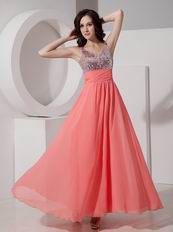 Straps Watermelon Best Prom Dress With Sequin Bodice