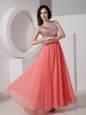 Straps Watermelon Best Prom Dress With Sequin Bodice