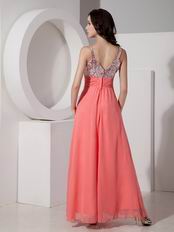 Straps Watermelon Best Prom Dress With Sequin Bodice